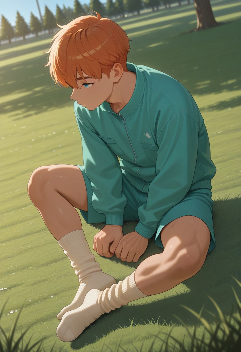 from above,from side,
[正面+キャラ名:99],
1boy,solo,
[品質タグ:99],
masterpiece,perfect quality,best quality,amazing quality,absolutely eye-catching,
[身体特徴:99],
muscle,ginger hair,short hair,
[服装:99],
BR&Relx,
aqua relaxed jacket,
aqua shorts,
beige long socks,
[﷿ーズと解剖学的詳細:99],
sitting on the ground,
[環境・背景:99],
on the grass in the park,noon,blue sky,
dynamic lighting,cinematic lighting, professional lighting, 
[追加の品質/スタイルタグ:99],