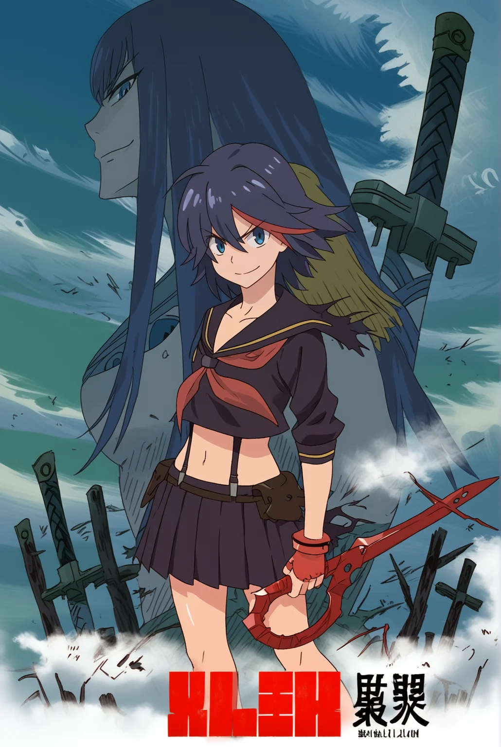 school uniform, blue eyes, weapon, smile, skirt, midriff, sword, scissor blade, multicolored hair, short hair