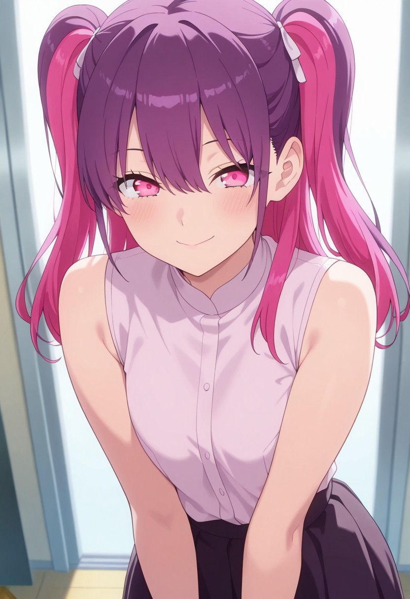 masterpiece,best quality,amazing quality,tachibana mikari, long hair, pink hair, purple hair, multicolored hair, pink eyes, two-tone hair, 1girl, solo, smile, looking at viewer, sleeveless, closed mouth, two side up
