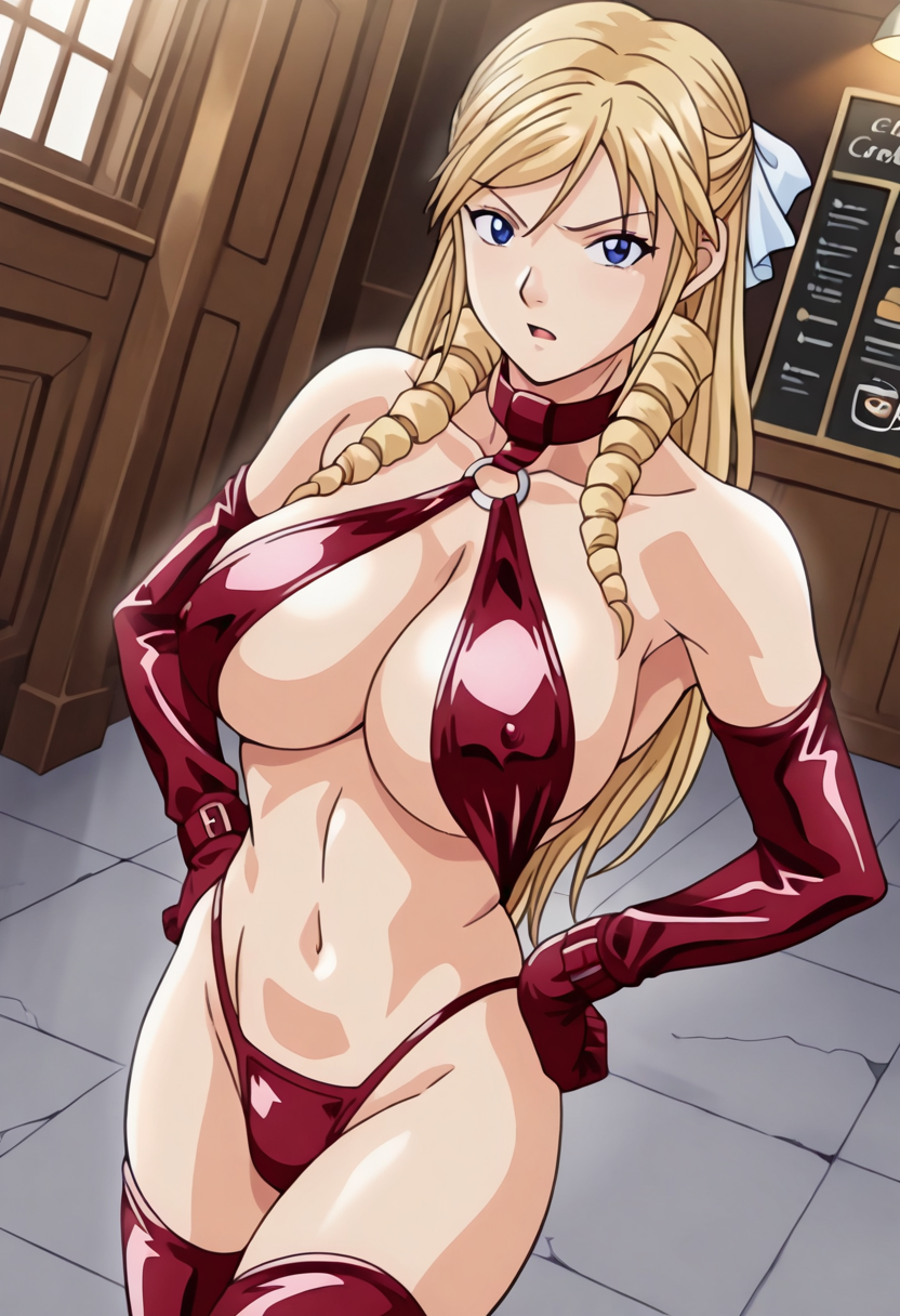 1girl,Leona Morimoto,long hair,blonde hair,drill hair,blue eyes,hair ornament,bondage swimsuit,red swimsuit,one piece swimsuit,thigh high boots,red boots,bondage collar,long red gloves,Dutch angle,Hands on hips, arching back,(looking at viewer:1.1),Intense expression,Trendy coffee shop interior, concrete floors, industrial lighting,Daytime,Clear, crisp, bright,masterpiece,best quality,newest,absurdres,highres <lora:Leona_Morimoto_-_Illustriousv3.0:1.0>