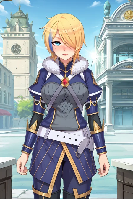 <lora:Claire Liver020-10:0.7> , claire-liver020, blonde hair, 1girl, blue hair, hair over one eye, multicolored hair, solo, blue eyes, armor, short hair, mole, mole under eye, fur trim, braid, jewelry, streaked hair, earrings, belt, boots, town, houses, blushing, sexy,, 1 girl, 20yo, Beautiful Fingers, Beautiful long legs, Beautiful body, Beautiful Nose, Beautiful character design, perfect eyes, perfect face, looking at viewer, (innocent_big_eyes:1.0), official art, perfect lighting , Colorful, Bright_Front_face_Lighting, (masterpiece :1.0), (best_quality:1.0), ultra high res,4K, ultra-detailed, photography, 8K, HDR, highres, absurdres:1.2, Kodak portra 400, film grain, blurry background, lens flare, (vibrant_color:1.2) , (Beautiful,large_Breasts:1.4), (beautiful_face:1.5), (narrow_waist),