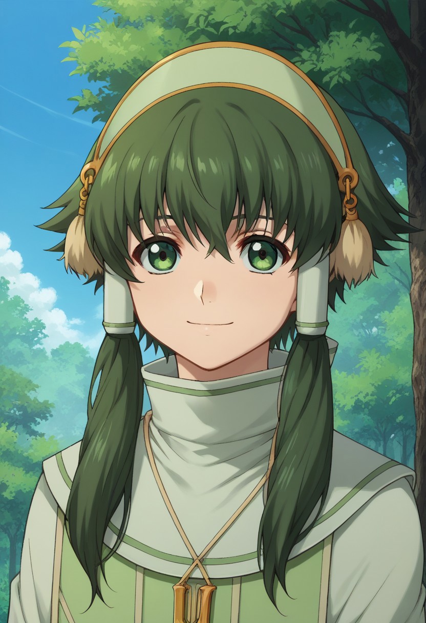 score_9, score_8_up, score_7_up, source_anime, highly detailed, 
fonion, male focus, 1boy, solo, green hair, hair tubes, sidelocks, green eyes, short hair with long locks, smile, jewelry, vest, green vest, hairband, necklace, upper body,
outdoor, sky, tree