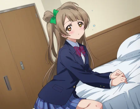 score_9, score_8_up, score_7_up, source_anime,
kotoriminami, <lora:kotori-minami-s1-ponyxl-lora-nochekaiser:1>,
kotori minami, brown hair, brown eyes, one side up, hair ribbon, ribbon, long hair,
blazer, blue skirt, jacket, otonokizaka school uniform, pleated skirt, school uniform, winter uniform,
indoors, bed, bed room, on side, blush, drunk,
looking at viewer, dutch angle, cowboy shot,