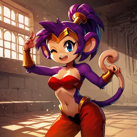score_9, score_8, score_7, score_7_up, 1girl, solo, monkeyshan, furry, monkey, no_nose, tail, purple_fur, circlet, multicolored_fur, dancing, breasts, blue_eyes, purple hair, ponytail, red_bandeau, red_pants, red_bottoms, red_harem_pants:2, gold_bracers, on_stage, marble building, ornate_decotrations, marble_stage, looking_at_Viewer, bangs, inside, tall, dark_background, spotlights, smile, open_mouth, wink