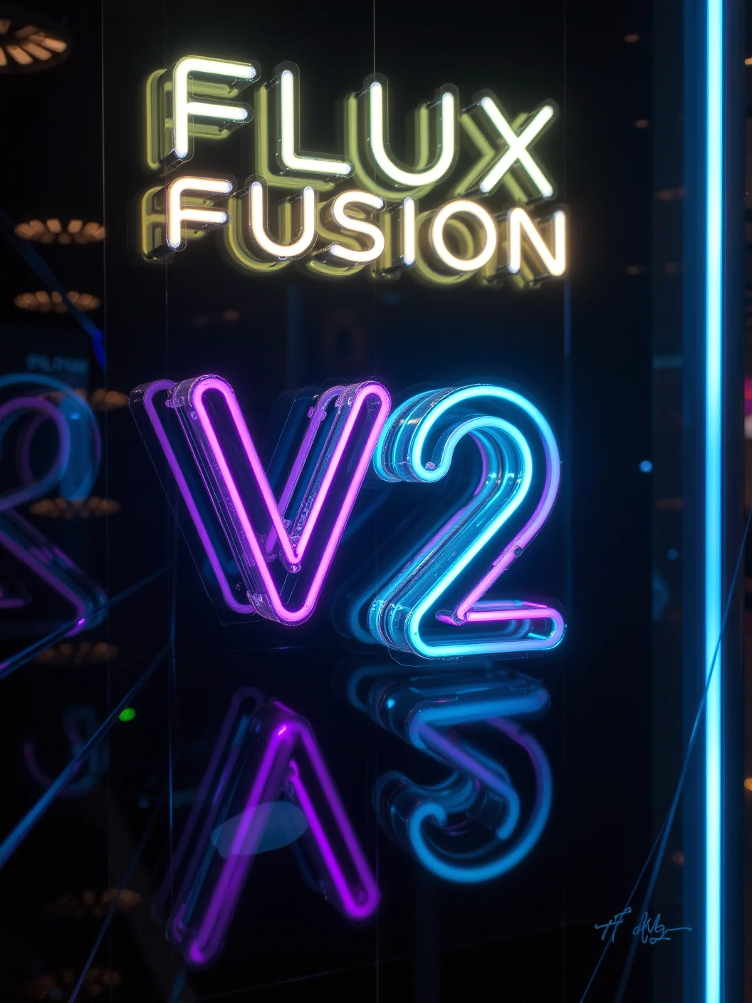 "Flux Fusion V2" logo displayed in a sleek, high-tech neon sign, the letters formed from glowing, transparent glass tubes. The V2 stands out prominently, larger than the rest, made from pulsing neon blue and purple light, giving it a futuristic, radiant glow. The background is a dark, reflective surface with subtle caustics and geometric patterns faintly visible, adding depth and intrigue. Thin beams of light spiral around the logo, enhancing the sense of motion and energy. The overall look is sleek, modern, and perfectly legible, with a high-end, sophisticated design inspired by advanced technology.