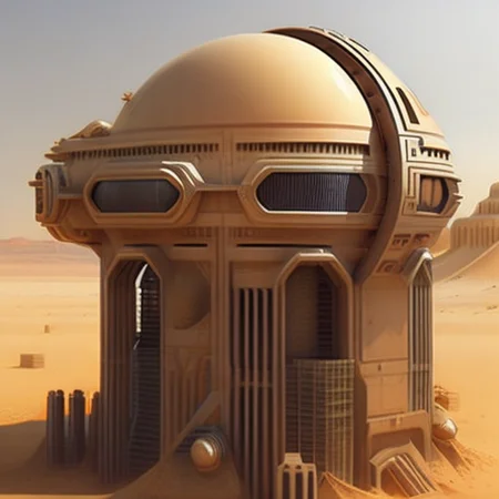 <lyco:Peter_Gric:1.0> style by Peter Gric desert, cyberpunk, beige, miscellaneous academia
