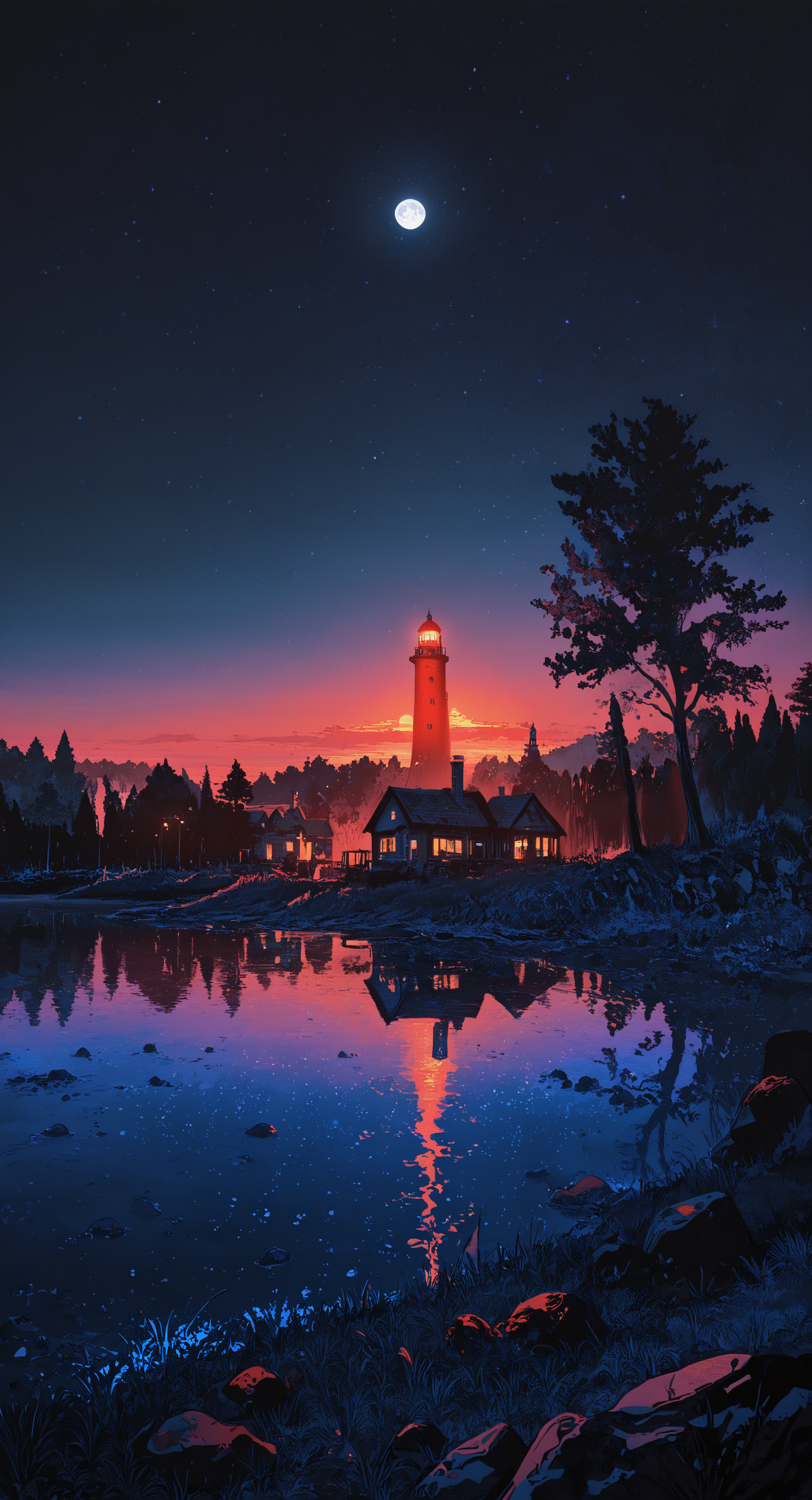 masterpiece, best quality, good quality, very awa, newest, highres, absurdres, outdoors, sky, water, tree, no humans, night, moon, grass, building, star \(sky\), night sky, scenery, nature, full moon, starry sky, reflection, sunset, rock, house, twilight, evening, tower, lake, dusk, chimney, lighthouse, limited palette, sketch, glowing, psychedelic, <lora:illustriousXL_stabilizer_v1.23:0.3> <lora:NOOB_vp1_detailer_by_volnovik_v1:0.3> <lora:ponyv6_noobE11_2_adamW-000017:0.3> <lora:114558v4df2fsdf5:0.7> <lora:mon_monmon2133:0.8>