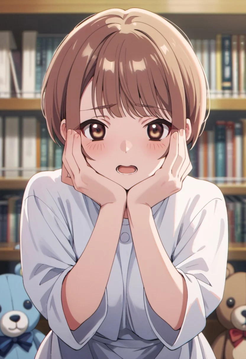 score_9, score_8_up, score_7_up, source_anime, jinguji rumi, short hair, brown hair, brown eyes, blush, 1girl, solo, hands on own face, looking at viewer, stuffed toy, teddy bear, hands on own cheeks, stuffed animal, open mouth, bookshelf