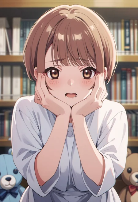 score_9, score_8_up, score_7_up, source_anime, jinguji rumi, short hair, brown hair, brown eyes, blush, 1girl, solo, hands on own face, looking at viewer, stuffed toy, teddy bear, hands on own cheeks, stuffed animal, open mouth, bookshelf
