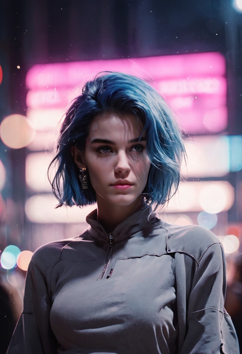 score_9, score_8_up, score_7_up, cyborg, ar3na1989, Kodak Motion Picture Film Style, 1girl, blue hair, (neon purple light), pop singer, (bokeh), sci-fi, dark atmosphere, moody, aesthetic,