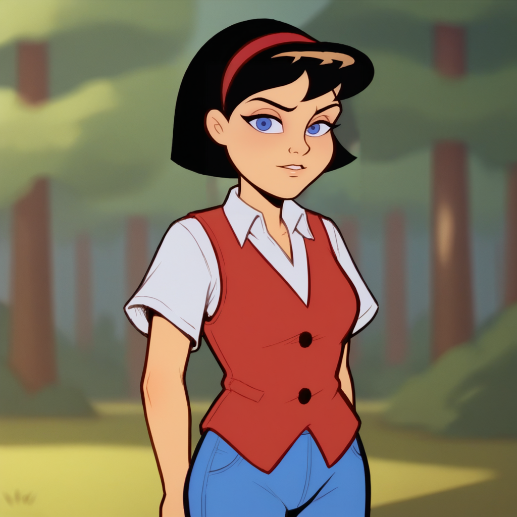 score_9_up, score_8_up, BREAK, Bea, 1girl, solo, black hair, short hair, blue eyes, red headband, shirt, vest, blue pants, cowboy shot,  <lora:Bea_MightyMax_PXL_Leaf1:1>, forest, arms at sides, looking at viewer,
