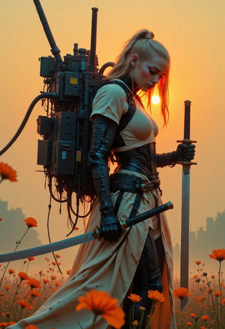 cpstyle. The image is a high-quality digital artwork featuring a futuristic, cyberpunk aesthetic. The subject is a strong, confident pale skinned woman with long, blonde hair cascading over her shoulders. She has a deep, focused expression and a dark complexion. She stands on a morning meadow, bathed in atmospheric sunlight filtering through the mist, creating a serene yet powerful ambiance.
She is depicted with a highly advanced, cybernetic exoskeleton strapped to her back, comprising numerous wires, mechanical arms, and various components that suggest advanced technology. The exoskeleton includes a large, complex backpack with numerous cables, electronic modules, and a small display screen.
Her attire consists of beige cargo pants with multiple pouches and a utility belt. In her right hand, she holds a katana with a black, ornate hilt, sheathed in a black scabbard, with the blade extending horizontally from her side. Her chest and shoulders are exposed, revealing a muscular build, and a small, black, rectangular device is attached to her left shoulder.
The soft, golden sunlight of the morning meadow contrasts with the futuristic, high-tech elements, creating a unique blend of nature and cybernetic power. The overall mood is both intense and atmospheric, merging cyberpunk and sci-fi aesthetics with the warmth of nature. mythp0rt, neon-mist