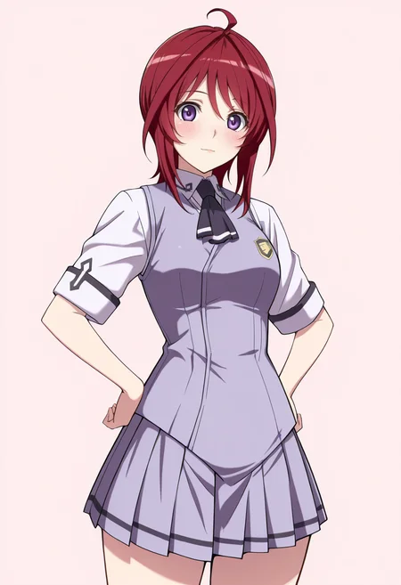 masterpiece, best quality,
1girl, solo, cowboy shot,
standing, hand on own hips,
looking at viewer, blush, light smile,
<lora:Mafuyu_Oribe:1> M4f0y00r0b3, short hair, red hair, ahoge, purple eyes,
school uniform, pleated skirt, vest, short sleeves, skirt, ascot,
pink background, simple background,