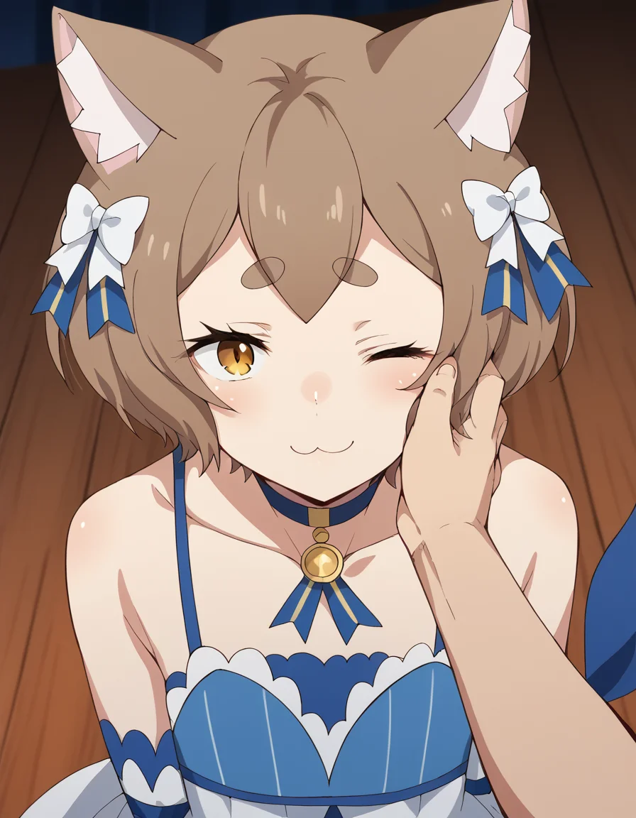 score_9, score_8_up, score_7_up, source_anime, <lora:felix-argyle-s3-p1-ponyxl-lora-nochekaiser:1>, felix argyle, short hair, bangs, brown hair, bow, animal ears, hair bow, male focus, cat ears, eyelashes, bob cut, thick eyebrows, white bow, otoko no ko,, dress, bare shoulders, collarbone, jacket, tail, pantyhose, detached sleeves, choker, striped, blue dress, vertical stripes, crossdressing, frills, skirt,, arena, seats, stage, event, audience, smile, <lora:guided-hand-on-cheek-ponyxl-lora-nochekaiser:1>, guided hand on cheek, hand grab, hand on another's cheek, hand on another's face, looking at viewer, pov, pov hands, smile, blush, one eye closed, caress, caressing cheek, looking at viewer, solo,, dutch angle, cowboy shot