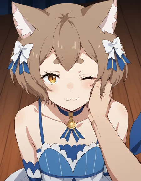 score_9, score_8_up, score_7_up, source_anime, <lora:felix-argyle-s3-p1-ponyxl-lora-nochekaiser:1>, felix argyle, short hair, bangs, brown hair, bow, animal ears, hair bow, male focus, cat ears, eyelashes, bob cut, thick eyebrows, white bow, otoko no ko,, dress, bare shoulders, collarbone, jacket, tail, pantyhose, detached sleeves, choker, striped, blue dress, vertical stripes, crossdressing, frills, skirt,, arena, seats, stage, event, audience, smile, <lora:guided-hand-on-cheek-ponyxl-lora-nochekaiser:1>, guided hand on cheek, hand grab, hand on another's cheek, hand on another's face, looking at viewer, pov, pov hands, smile, blush, one eye closed, caress, caressing cheek, looking at viewer, solo,, dutch angle, cowboy shot