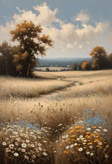 wildflower field landscape, vintage oil painting, antique landscape, country field autumn wall, no bold color, muted neutral, beige color theme with light blue and cream accents --ar 16:9 --style raw --stylize 250