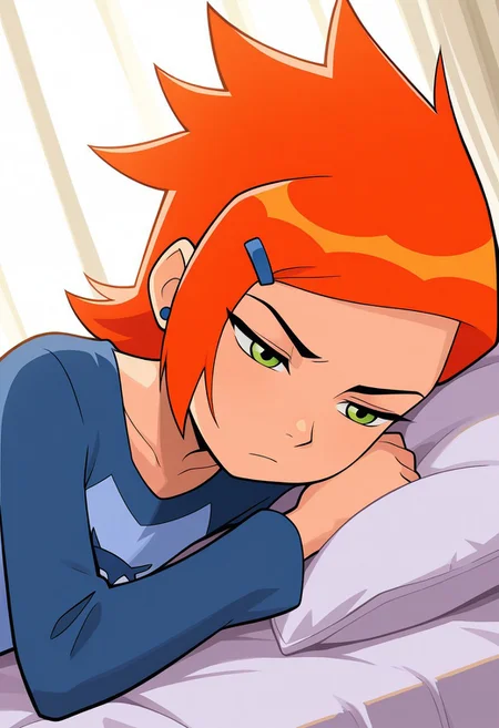 (spikyhair, spiked hair:1.6), solo, Gwendolyn_Tennyson , Orange hair , Green eyes, blue sweater, bed, laying on bed, serious, half closed eyes, dim lighting