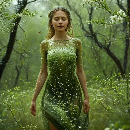 epiCRealism, (masterpiece, extremely detailed, highest quality),the queen of the forest is the most beautiful creature in the woods, cute, sensual, wears a see through dress made of tiny leaves, light, carefree, smile and happy, levitating just over the flowers in her glade among old oaks and willows, her hair flots behind her long and green full of small flowers, it is springtime and a storm has just finished leaving trillions of drops and the air is full of birds, bees, insects and a myriad of small seeds, the Sun shines glorious among the heavy stormy clouds sending its rays down to the glade like columns of light
