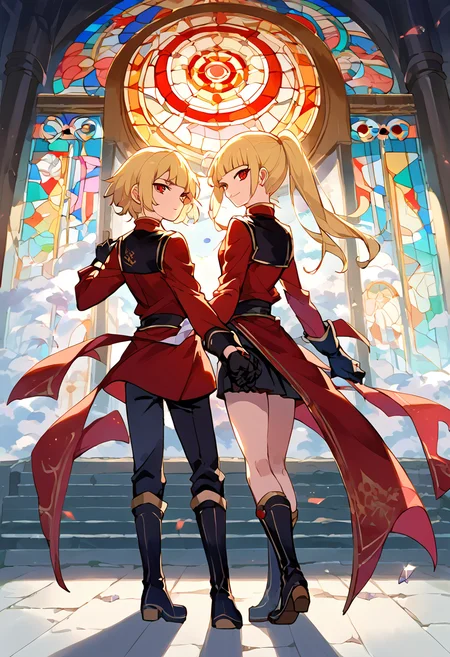 score_9,score_8_up,score_7_up,source_anime,zPDXL3,temple,hourglass,glass,broken glass,stained glass,
*//*,<lora:Zero_Pony:0.9>,zero_alpha,1boy,blonde hair,short hair,red eyes,gloves,black gloves,boots,red shirt,long sleeves,white long vest,open vest,pants,
zero_beta,1girl,blonde hair,ponytail,blunt bangs,red eyes,gloves,black gloves,boots,red skirt,red shirt,long sleeves,white long vest,light smile,brother and sister,
*//*,looking at viewer,cowboy shot,back-to-back,locked arms,