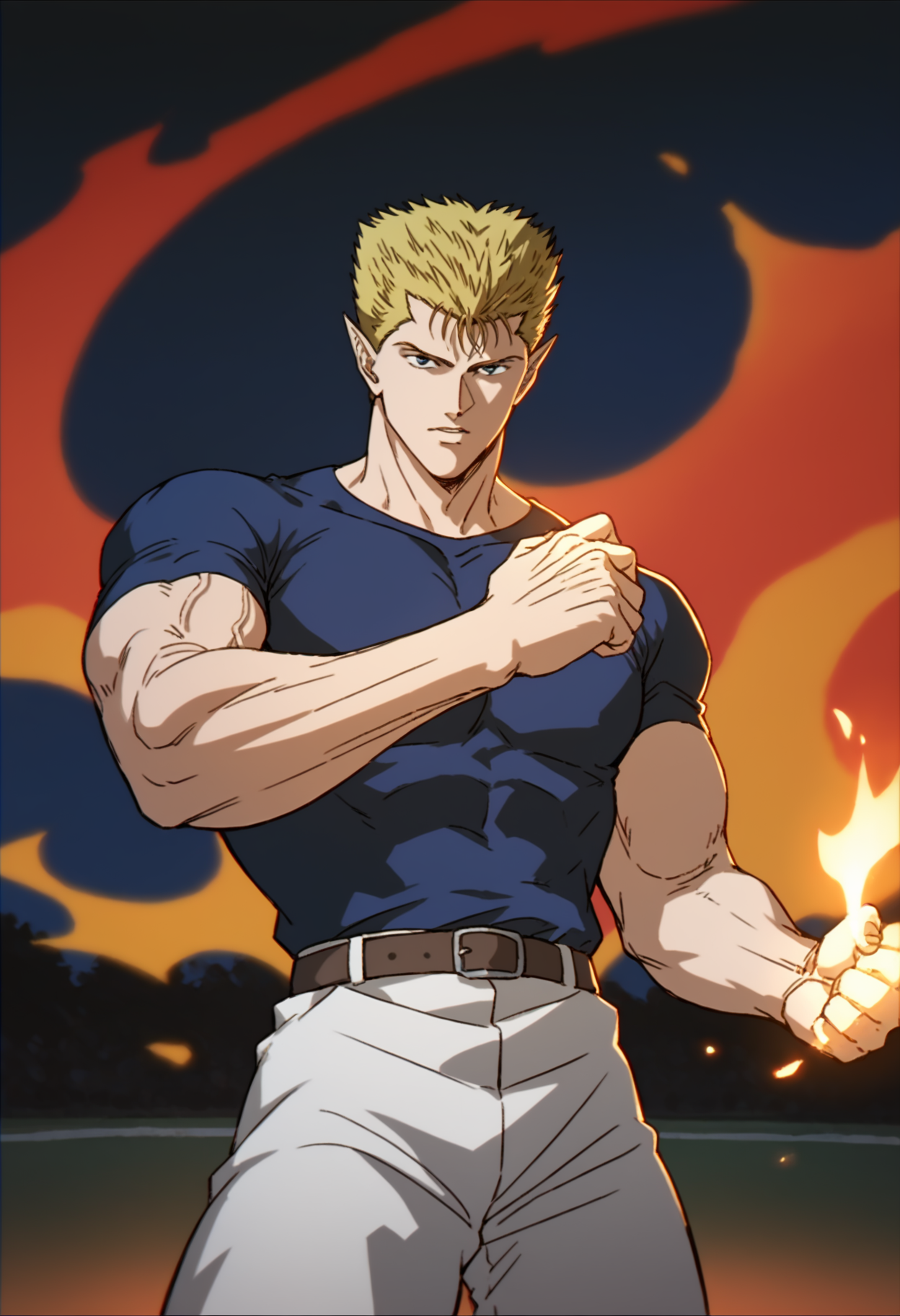 1boy, zeru_yuyuhakusho, tight blue t-shirt, blonde hair, white pants, pointy ears, veiny arms, manly, muscular, big muscle,score_7_up, score_6_up, score_8_up, score_9_up, looking at viewer, detailed eyes, 8k uhd, high quality , medieval_amphitheater,  standing, arm up, open arms, fire on hand, close_up, <lora:Zeru:0.6>, <lora:umikochannartv2:0.4>,  First-person perspective, pov, night , dark
front_view