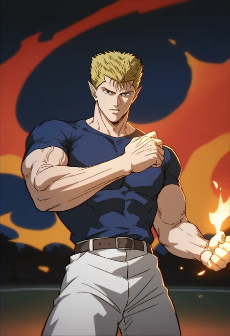 1boy, zeru_yuyuhakusho, tight blue t-shirt, blonde hair, white pants, pointy ears, veiny arms, manly, muscular, big muscle,score_7_up, score_6_up, score_8_up, score_9_up, looking at viewer, detailed eyes, 8k uhd, high quality , medieval_amphitheater,  standing, arm up, open arms, fire on hand, close_up, <lora:Zeru:0.6>, <lora:umikochannartv2:0.4>,  First-person perspective, pov, night , dark
front_view