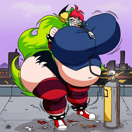((full body, solo, smooth shading, cartoon:1.2)), (roof, city, day, clouds, Helium tank,), ((female)), snout, eyelashes, (angry, frown, hose in mouth, clenched hands, eyes closed, harder, forces, tense, taut, giving push, motion lines, front view), (voluptuous, growth, increase, intensity, hyper breasts, hyper hips, chubby:1.4), demencia, red hair, green ponytail, striped thighhighs, single striped sock, anklet, green monster hood, yellow eyes, sharp teeth, dark blue hoodie, single striped sleeve, red sneaker, blue sneaker, black skirt, smile, eyeshadow, spiked bracelet, zipper pull tab, torn pantyhose, glove, tongue out
