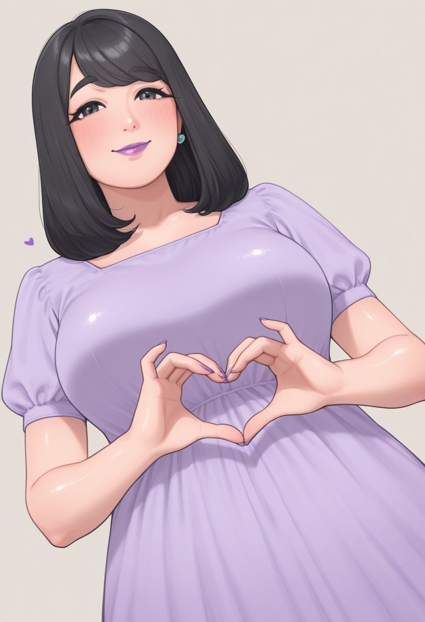 , 1girl, solo, medium build, medium hair, sfw, safe for work, covered skin, flowy dress,  black eyes, purple lipgloss, smiling, portrait, upper body, heart hands, mature female, foreshortening, detailed, newest, shiny skin, cowboy angle, solo focus, medium breasts,, chocopai