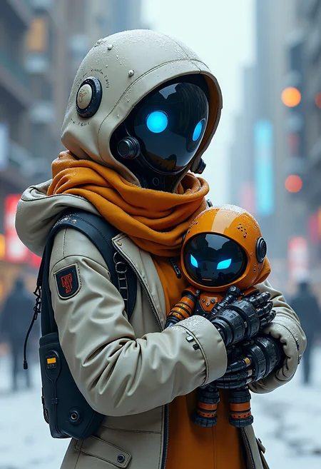female robot hooded, scarf, jacket, holding cute robot in arms,  background snowy city, style biomechanical