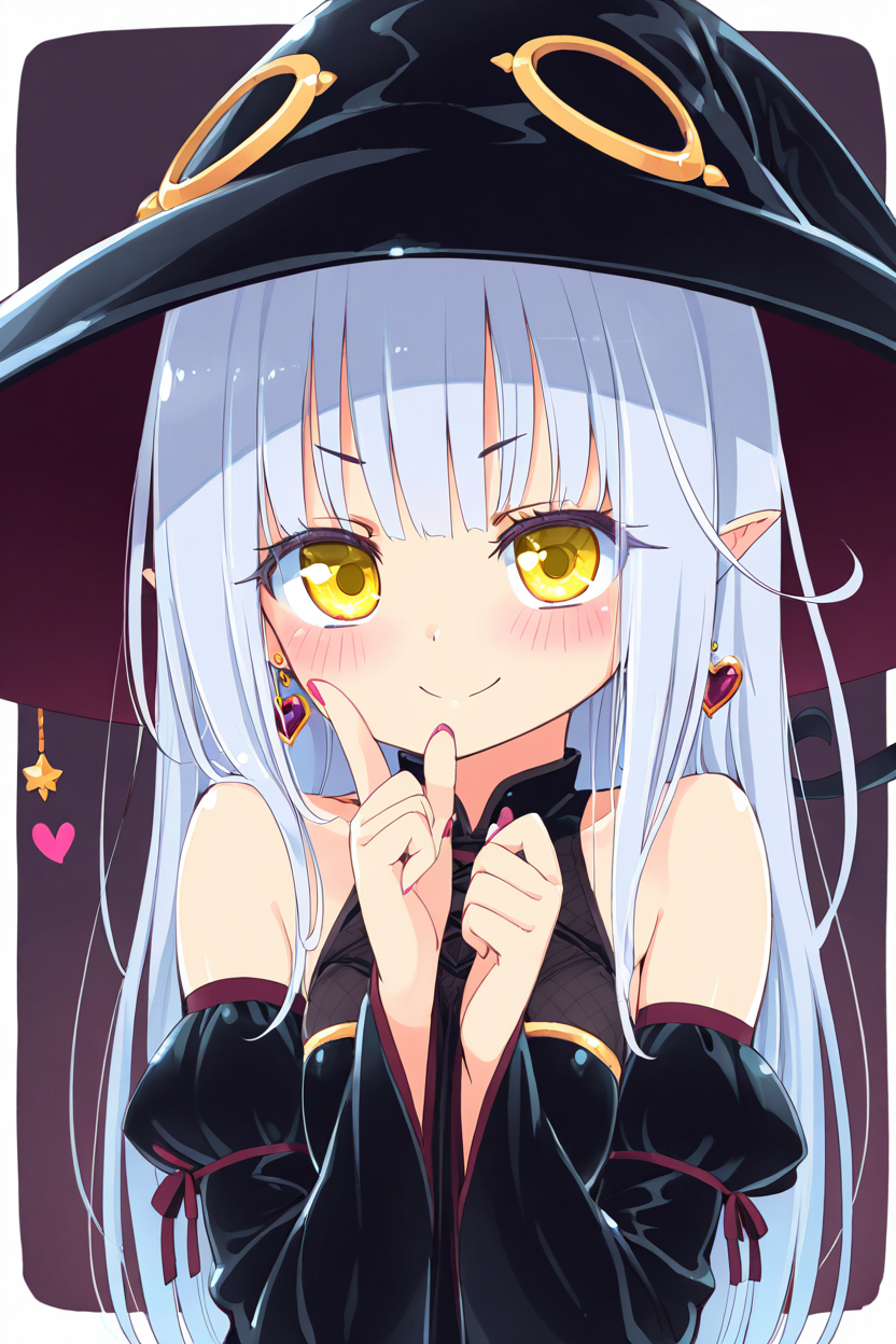 masterpiece, best quality, 1girl, solo, eyelashes, (beautiful eyes),    ,<lora:HomuraSubaruIXL_v1:1.0>,    1girl, blush, detached sleeves, earrings, female focus, hat, heart, heart earrings, jewelry, lillian (homura subaru), lillian ljungstrom, long hair, looking at viewer, nail polish, original, pointy ears, silver hair, smile, solo, upper body, witch, witch hat, yellow eyes