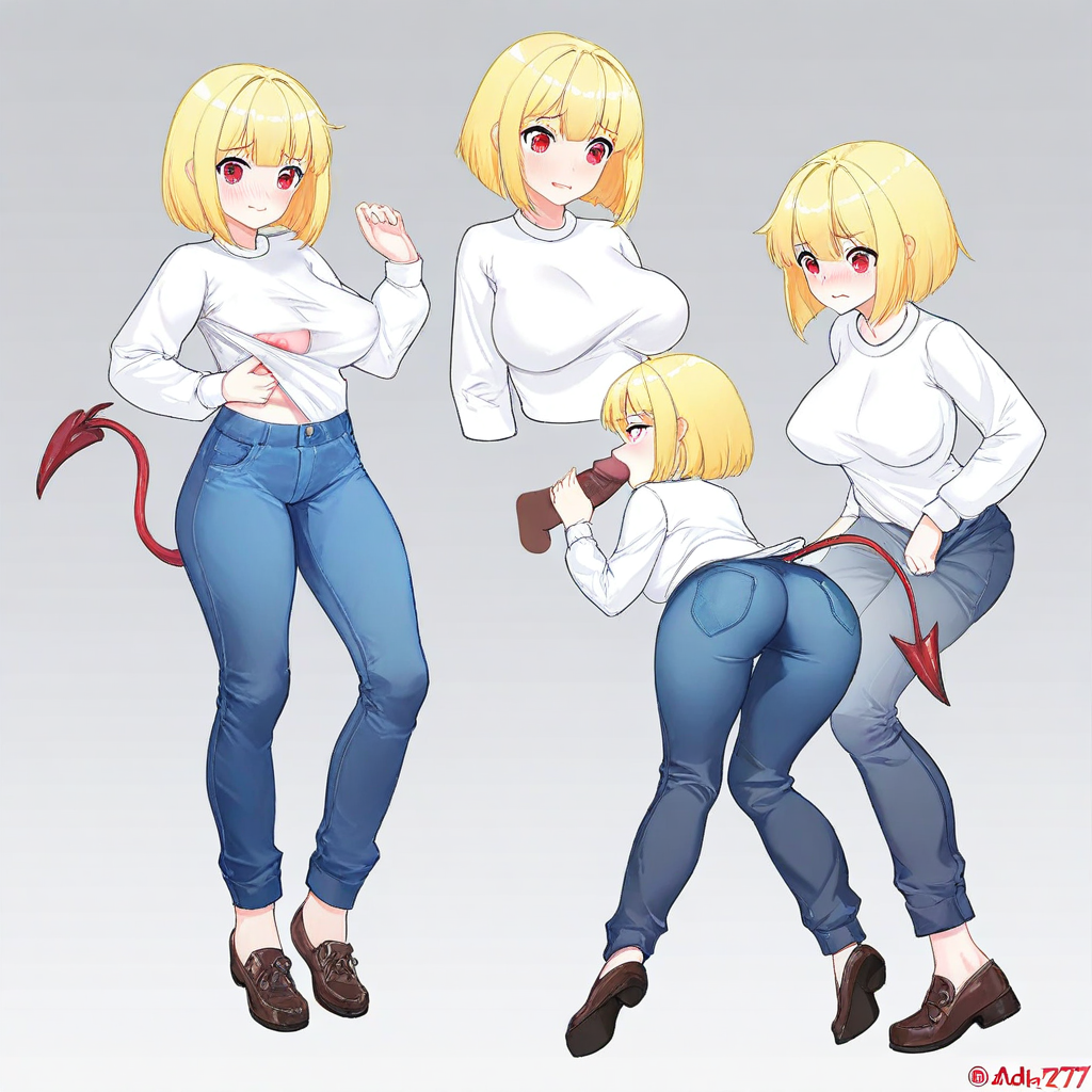 straight hair, Ass, illustration, (mid size breasts:1.2), detailed background, score_7_up, shirt pull, five inches tall, Blowjob, loafers, grabbing breast, shy face, Yellow hair, SPORT clothing, denim, low contrast, (sensitive:1.3), erotic, ultra-detailed, red eyes, falling breasts, focused subject, long sleeves, (atdan:0.8), leg_up, gerbil tail