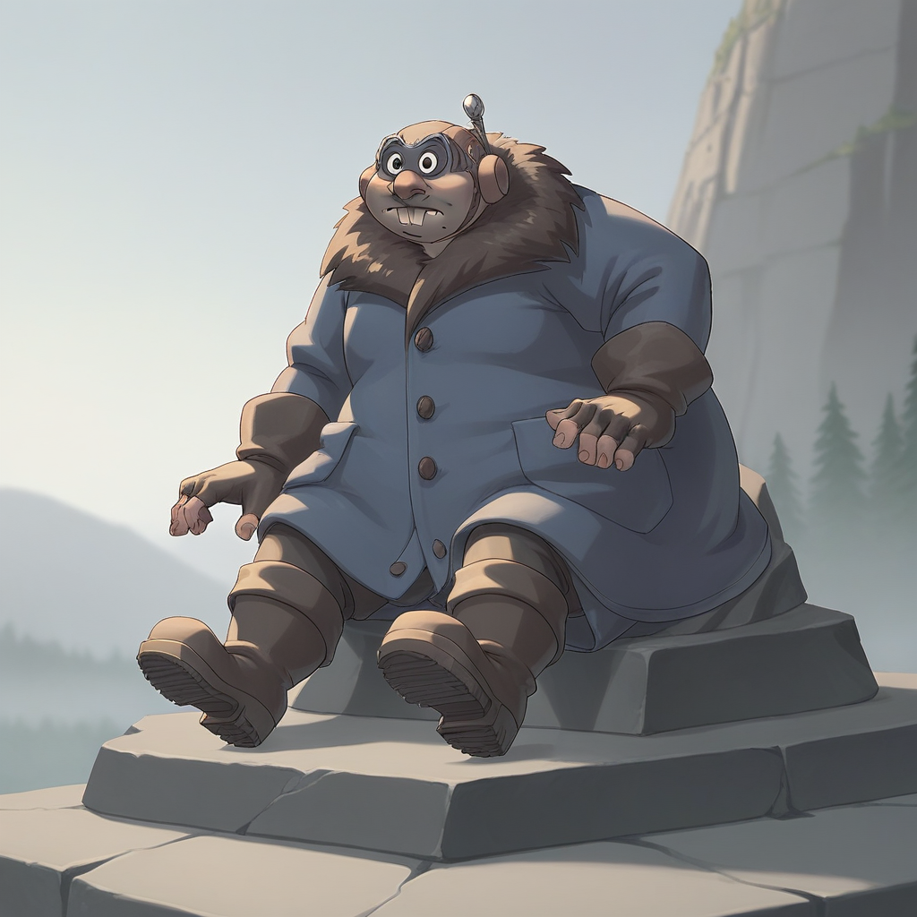 score_9_up, score_8_up, BREAK, GaetanMoliere, 1boy, solo, fat man, black eyes, buckteeth, closed mouth, blue coat, fur trim, fingerless gloves, boots, outdoors,  <lora:GaetanMoliere_PXL_Leaf3:0.8>, sitting on rock,