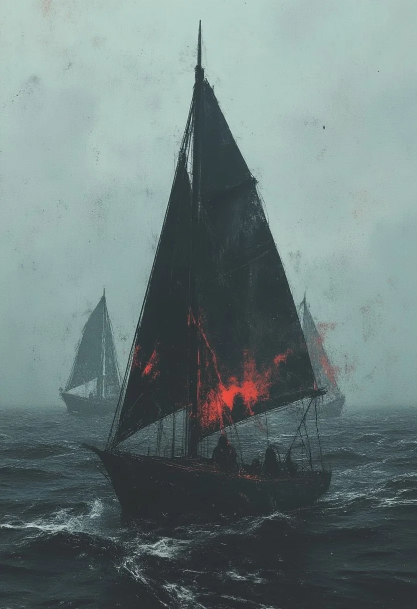 dark digital art of a sailboat in heavy sea, surreal and abstract, kraken tentacles coming out of water, attacking ship, eerie atmosphere, thick fog