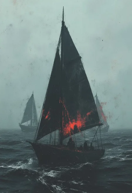 dark digital art of a sailboat in heavy sea, surreal and abstract, kraken tentacles coming out of water, attacking ship, eerie atmosphere, thick fog