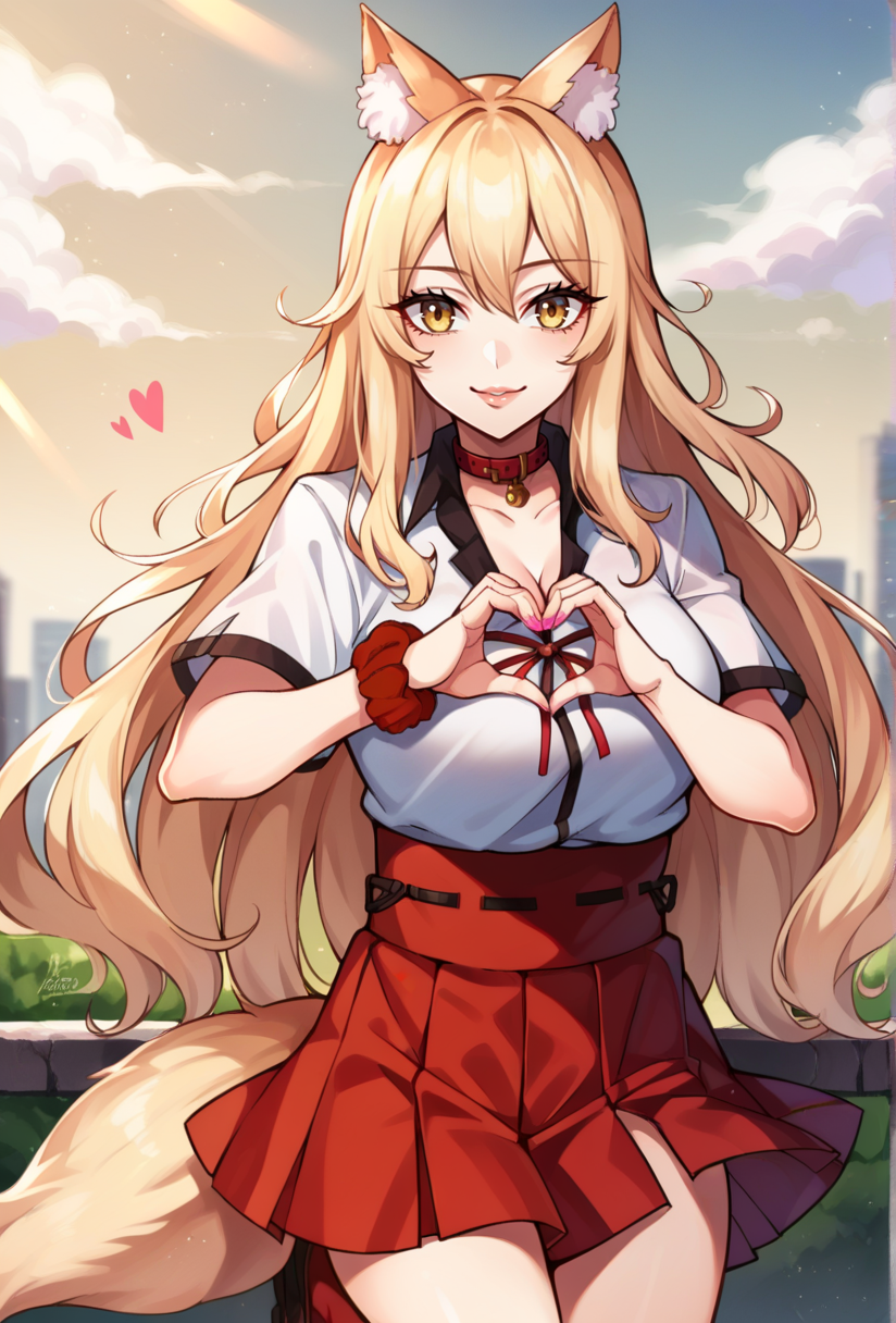 score_9, score_8_up, score_7_up, score_6_up, score_5_up, score_4_up, source_anime BREAK 1girl, solo,
outdoors, city, day, cloudy sky, tokyo, sunlight, cowboy shot, looking at viewer, 
large breasts, lips, kogal, nail polish, pink nails, heart hands, light smile, thighs, cleavage, loose clothes, leg up, standing on one leg, 
Suzuka_Def, yellow eyes, animal ears, fox ears, animal ear fluff,  fox tail, blonde hair, long hair, wrist scrunchie, red skirt, short sleeves, white shirt,  hakama skirt, red scrunchie, pleated skirt, red skirt, ribbon, red ribbon, collar, collarbone,
 <lora:Suzuka_Gozen_Sdxl-10:1>,