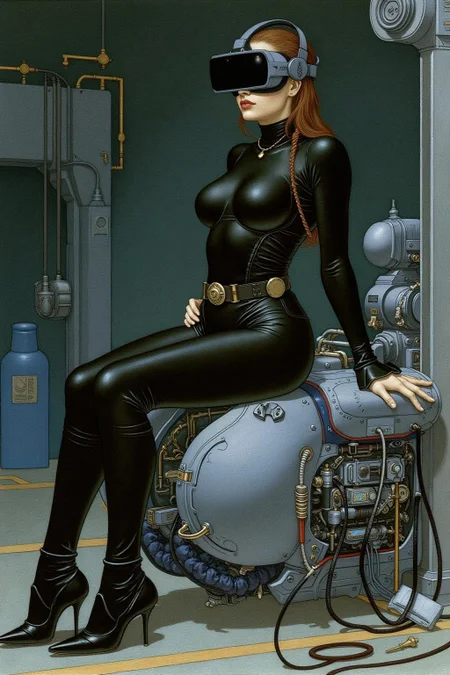 olgadugina1 illustration.
A striking, futuristic scene depicts a woman dressed in sleek, form-fitting leather attire, sitting confidently atop an open power suit, inspired by the cyberpunk aesthetics of Masamune Shirow. The power suit, a blend of advanced technology and military-grade armor, features intricate mechanical details, exposed wiring, and a robust, yet streamlined design. The woman, wearing a cutting-edge VR headset, exudes a sense of control and mastery over the machine beneath her. Her posture is relaxed yet commanding, with one hand resting on the suit's metallic surface and the other casually holding a piece of advanced tech. The background is a high-tech industrial setting, with dim lighting that casts dramatic shadows, highlighting the fusion of human and machine. The overall atmosphere is one of futuristic coolness and cybernetic elegance, capturing the essence of Shirow's iconic style <lora:olgadugina2_cap_d6a3e9:1.0><lora:858120681311724993:0>