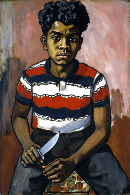 aliceneel1 painting.
A dark-skinned young man with curly hair sits in a chair, gazing directly at the viewer with a serious expression. He holds a small knife in his left hand.
 <lora:aliceneel1_cap_d6a3e12:1.0><lora:842442231777444046:0>