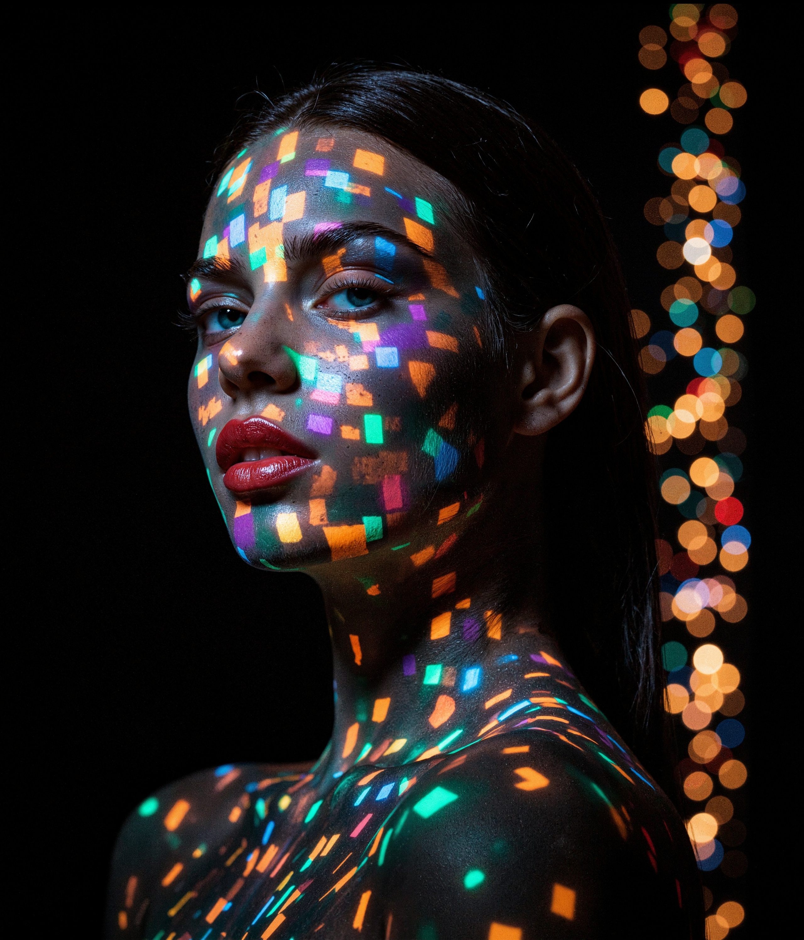 This striking portrait photograph showcases an artistic blend of digital projection and beauty photography. The image features a model against a dark background, with vibrant, multicolored light patterns projected onto their face and upper body, creating a mesmerizing digital landscape across their features. The lighting technique uses what appears to be a pixel-like or LED matrix pattern, particularly prominent on the face, where it creates a mosaic of colors including bright oranges, purples, blues, greens, and yellows. The projection is precisely mapped to the contours of the face, giving a three-dimensional quality to the digital overlay. This creates an effect reminiscent of high-tech digital mapping or futuristic interface designs. The model's makeup is expertly executed, with particular emphasis on the lips, which are painted in a deep red shade that stands out dramatically against the projected lights. Their eyes are intensely blue and appear to pierce through the digital overlay, creating a powerful focal point in the composition. The eye makeup enhances this effect, with what appears to be perfectly applied eyeliner and possibly false lashes that add drama to the gaze. The model's hair is pulled back sleekly, allowing the light projection to take center stage on their facial features without any obstruction. The skin appears flawless, serving as a perfect canvas for the light show while still maintaining visible human texture beneath the projection. On the right side of the image, there's a cascade of bokeh-like light effects, creating a vertical band of defocused colored lights that adds depth and atmosphere to the composition. These lights appear more scattered and organic compared to the precise grid pattern on the face. The neck and shoulder area transitions into a darker space where the projection becomes more scattered and sporadic, with small points of colored light appearing like stars or digital particles against the black background. This creates a beautiful gradual fade from the intense facial mapping to a more sparse, constellation-like pattern below. The technical execution of the photograph is impeccable, with sharp focus on the key facial features while maintaining the vibrant intensity of the projected lights. The contrast between the dark background and the brilliant colors creates a dramatic effect that draws the viewer's attention immediately to the face. The overall composition suggests themes of technology meeting humanity, digital transformation, and the intersection of organic and synthetic elements. It could be interpreted as a commentary on digital identity, technological integration with human existence, or simply appreciated as a stunning piece of creative portrait photography. The image has a distinctly cyberpunk or futuristic aesthetic, yet maintains a high-fashion quality through the model's poised expression and the professional execution of hair and makeup. The color palette is comprehensive but harmonious, with each hue contributing to a cohesive whole rather than competing for attention. The final result is a powerful fusion of traditional portrait photography with modern digital art techniques, creating an image that feels both contemporary and futuristic. It's a perfect example of how technology can be used to enhance rather than obscure human beauty, creating something that is simultaneously artificial and deeply human.