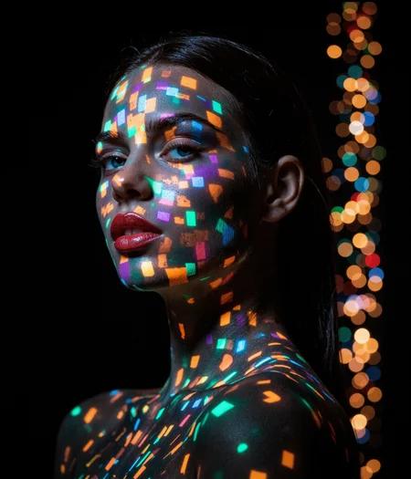 This striking portrait photograph showcases an artistic blend of digital projection and beauty photography. The image features a model against a dark background, with vibrant, multicolored light patterns projected onto their face and upper body, creating a mesmerizing digital landscape across their features. The lighting technique uses what appears to be a pixel-like or LED matrix pattern, particularly prominent on the face, where it creates a mosaic of colors including bright oranges, purples, blues, greens, and yellows. The projection is precisely mapped to the contours of the face, giving a three-dimensional quality to the digital overlay. This creates an effect reminiscent of high-tech digital mapping or futuristic interface designs. The model's makeup is expertly executed, with particular emphasis on the lips, which are painted in a deep red shade that stands out dramatically against the projected lights. Their eyes are intensely blue and appear to pierce through the digital overlay, creating a powerful focal point in the composition. The eye makeup enhances this effect, with what appears to be perfectly applied eyeliner and possibly false lashes that add drama to the gaze. The model's hair is pulled back sleekly, allowing the light projection to take center stage on their facial features without any obstruction. The skin appears flawless, serving as a perfect canvas for the light show while still maintaining visible human texture beneath the projection. On the right side of the image, there's a cascade of bokeh-like light effects, creating a vertical band of defocused colored lights that adds depth and atmosphere to the composition. These lights appear more scattered and organic compared to the precise grid pattern on the face. The neck and shoulder area transitions into a darker space where the projection becomes more scattered and sporadic, with small points of colored light appearing like stars or digital particles against the black background. This creates a beautiful gradual fade from the intense facial mapping to a more sparse, constellation-like pattern below. The technical execution of the photograph is impeccable, with sharp focus on the key facial features while maintaining the vibrant intensity of the projected lights. The contrast between the dark background and the brilliant colors creates a dramatic effect that draws the viewer's attention immediately to the face. The overall composition suggests themes of technology meeting humanity, digital transformation, and the intersection of organic and synthetic elements. It could be interpreted as a commentary on digital identity, technological integration with human existence, or simply appreciated as a stunning piece of creative portrait photography. The image has a distinctly cyberpunk or futuristic aesthetic, yet maintains a high-fashion quality through the model's poised expression and the professional execution of hair and makeup. The color palette is comprehensive but harmonious, with each hue contributing to a cohesive whole rather than competing for attention. The final result is a powerful fusion of traditional portrait photography with modern digital art techniques, creating an image that feels both contemporary and futuristic. It's a perfect example of how technology can be used to enhance rather than obscure human beauty, creating something that is simultaneously artificial and deeply human.
