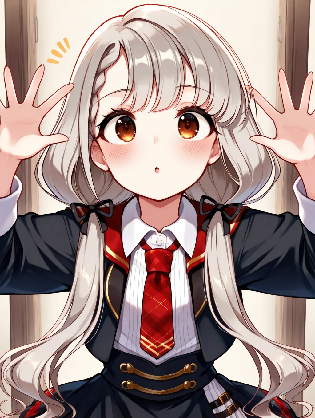 masterpiece,best quality,very aesthetic,absurdres,highres,newest,
hskwng blackdress,hisakawa nagi, asymmetrical bangs,belt,belt buckle,black belt,black dress,black ribbon, blush,braid,buckle, collared shirt,dress, eyelashes,brown eyes,grey hair, hair ribbon,long hair,long sleeves,low twintails, necktie,parted lips,plaid necktie,red necktie, red sailor collar,ribbon,sailor collar,shirt,
eye_focus,<lora:eye_focus:1>,
<lora:idolmaster_hisakawa_nagi_idoloutfit_ill_v1.0:1>,