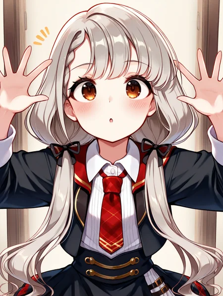 masterpiece,best quality,very aesthetic,absurdres,highres,newest,
hskwng blackdress,hisakawa nagi, asymmetrical bangs,belt,belt buckle,black belt,black dress,black ribbon, blush,braid,buckle, collared shirt,dress, eyelashes,brown eyes,grey hair, hair ribbon,long hair,long sleeves,low twintails, necktie,parted lips,plaid necktie,red necktie, red sailor collar,ribbon,sailor collar,shirt,
eye_focus,<lora:eye_focus:1>,
<lora:idolmaster_hisakawa_nagi_idoloutfit_ill_v1.0:1>,