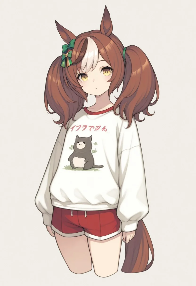 masterpiece, painting \(medium\), best quality, absurdres, newest, very aesthetic, amazing quality, highres,
BREAK,
1girl, solo, animal ears, horse ears, horse girl, brown hair, long hair, horse tail, tail, multicolored hair, looking at viewer, shorts, long sleeves, simple background, twintails, cropped legs, shirt
BREAK,
kemonomimi mode, HR-Illu