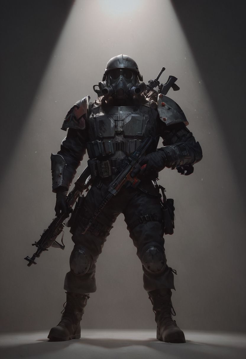 score_9, score_8_up, score_8_up, sci fi trooper, holding massive sci fi rifle, grimdark, 40k, gas mask,  grey gritty solder helmet, ww1 inspired, spotlight, grimdark armor, metal chest piece, metal vest, axe on back, imperium, grimdark, gritty, ((Huge gun))