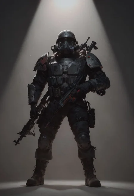 score_9, score_8_up, score_8_up, sci fi trooper, holding massive sci fi rifle, grimdark, 40k, gas mask, grey gritty solder helmet, ww1 inspired, spotlight, grimdark armor, metal chest piece, metal vest, axe on back, imperium, grimdark, gritty, ((Huge gun))