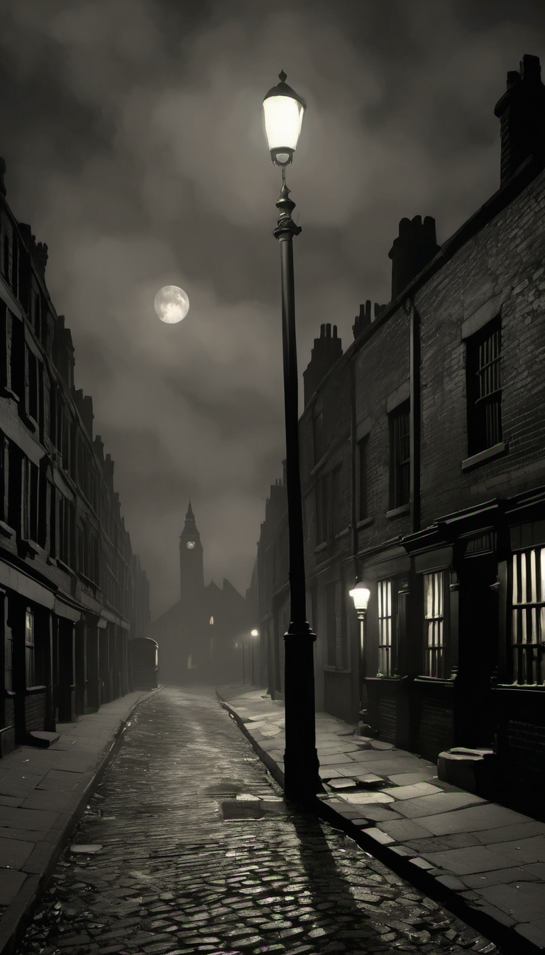 <lora:Everly_Heights_Backgrounds_New_Settings:.5> A Victorian London street at night during the Industrial Revolution with horror overtones.