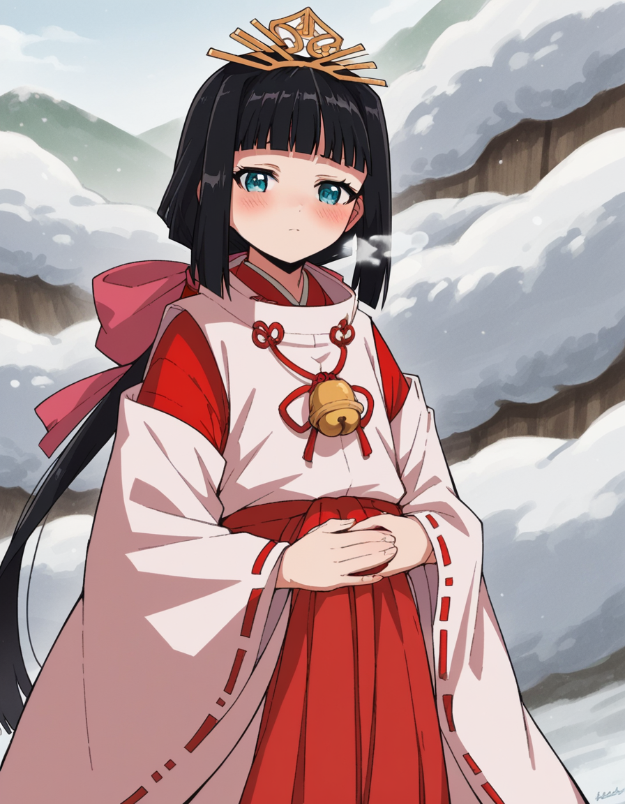 score_9, score_8_up, score_7_up, source_anime, <lora:nigewaka-shizuku-s1-ponyxl-lora-nochekaiser:1>, shizuku, long hair, bangs, blue eyes, black hair, blunt bangs,, japanese clothes, bell, miko, skirt, long sleeves, ribbon, wide sleeves, red ribbon, ribbon trim, hakama, hakama skirt, jingle bell, ribbon-trimmed sleeves, miko, red hakama,, snow day, winter clothes, snowball fight, laughter, cold breath, white landscape, , looking at viewer, hand on stomach, blush,, solo,, cowboy shot, dutch angle