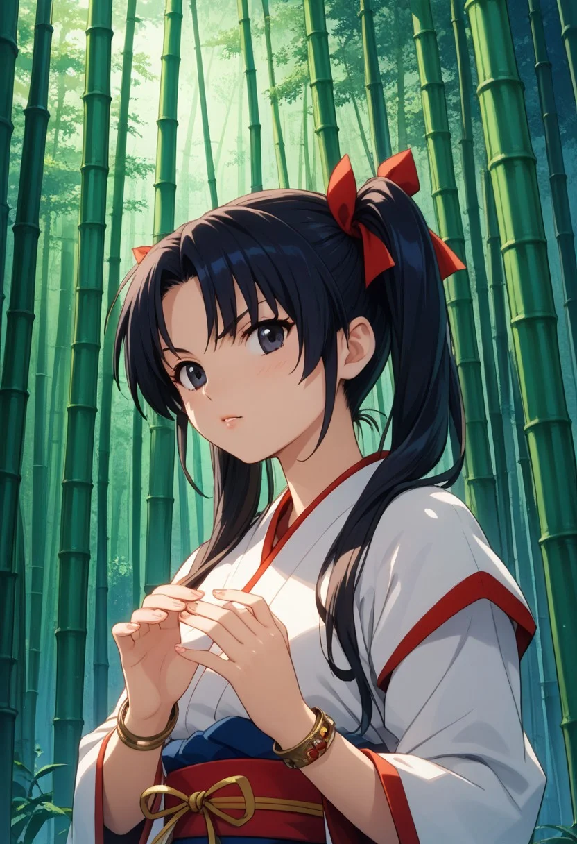 score_9, score_8_up, score_7_up, score_6_up, source_anime, 1990s \(style\), highly detailed character, Ennochiaki XL,black eyes,bangs, twintails, jewelry, bracelet, long hair, black hair, ribbon-trimmed sleeves, japanese clothes, very detailed hands, beautiful face, glossy lips, sensual, masterpiece, best quality, detailed background, intricate detailed backround, highly detailed hair, fine skin, night, outdoors, thick bamboo forest, dynamic lighting, dutch-angle, handing a hand-full of ofuda, looking at viewer, angry expression, dynamic attack pose, (((ambient light through bamboo thicket)))