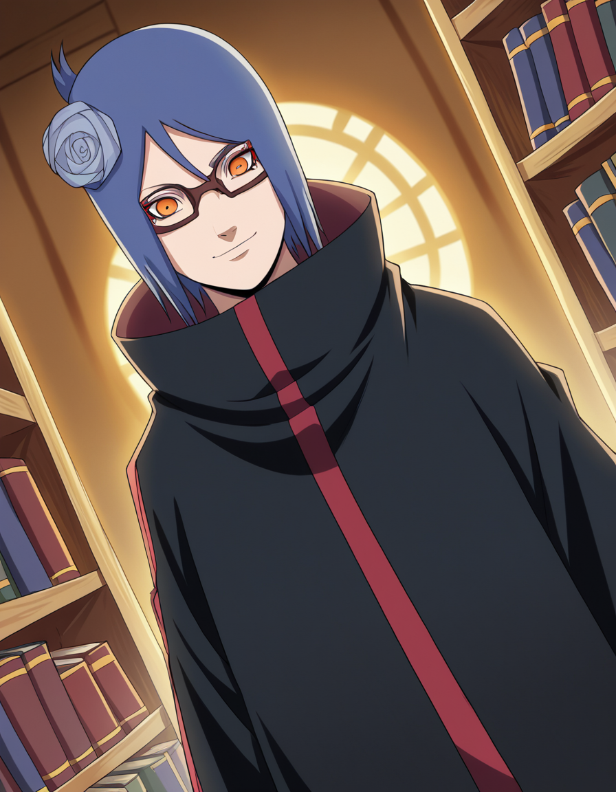 score_9, score_8_up, score_7_up, source_anime, <lora:konan-shippuden-anime-ponyxl-lora-nochekaiser:1>, konan, short hair, hair ornament, blue hair, flower, hair flower, orange eyes,, coat, cloak, black coat, black cloak, akatsuki uniform, akatsuki (naruto), labret piercing, eyeshadow,, library, reading books, glasses, quiet, focused, shelves of books, smile, looking at viewer, arm straight out in front, solo,, cowboy shot, dutch angle