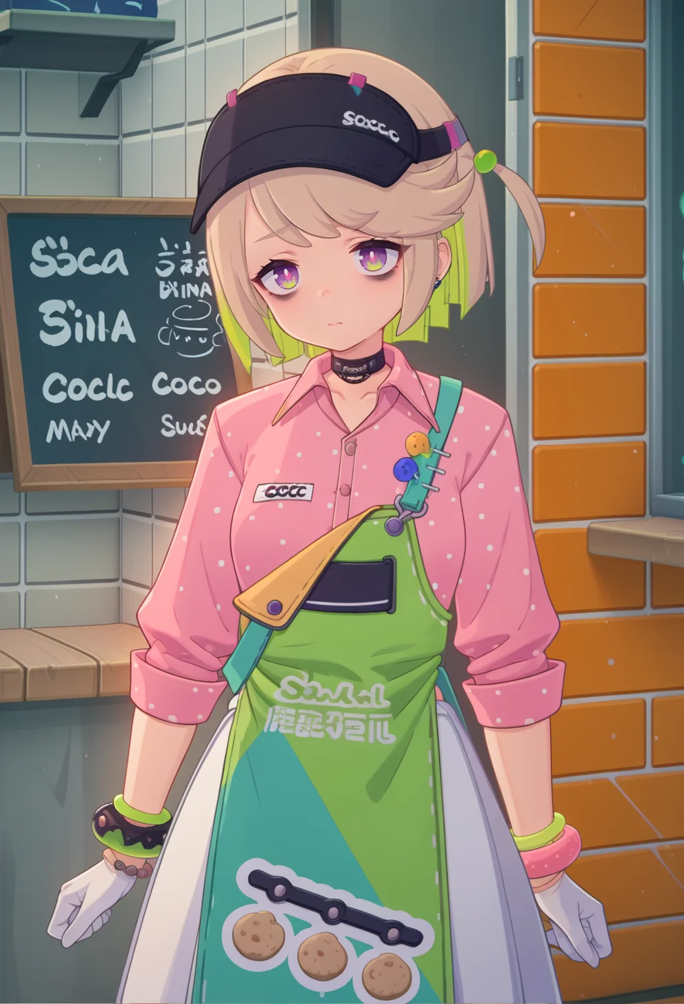 score_9, score_7_up, source_anime, BREAK <lora:AECoco:1> AECoco, apron, black choker, black headwear, blonde hair, bracelet, collared shirt, green hair, multicolored hair, pink eyes, purple eyes, polka dot, swept bangs, visor cap, white gloves, white skirt, bags under eyes,