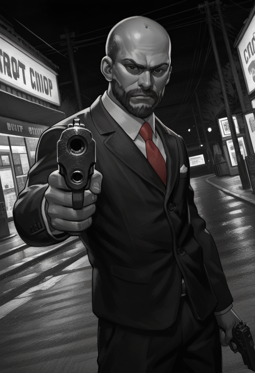 Graphic Design, greyscale, monochrome, intricate details, high contrast, detailed background, beautiful detailed, beautiful face, detailed eyes, detailed face, new, z41ch1k, 1boy, solo, male focus, mature male, bald, formal, suit, red necktie, looking at viewer, cowboy shot, street, dynamic pose, weapon, holding pistol, silencer, serious face, (from side:0.7), dutch angle, low angle, (masterpiece, best quality, newest, recent, absurdres), 
