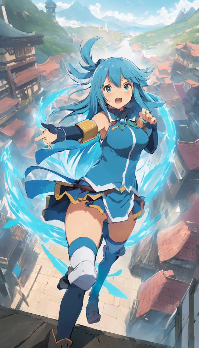 concept art Cinematic scene, hero view, Aqua, Konosuba <lora:aqua_xl_v1:1>, action pose, detailed background, masterpiece, best quality, high quality, highres, absurdres  . digital artwork, illustrative, painterly, matte painting, highly detailed